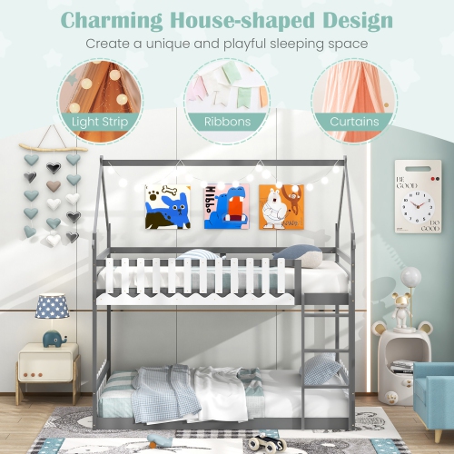 Gymax Twin Over Twin Bunk Bed w/ Fence & Ladder Solid Wood Floor Bunk Bed for Kids Gray