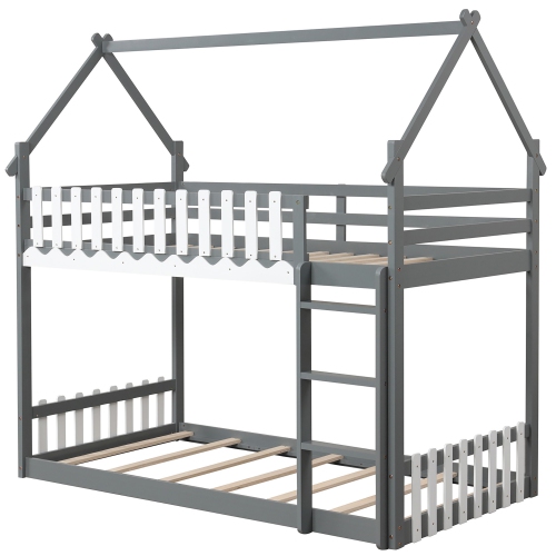Gymax Twin Over Twin Bunk Bed w/ Fence & Ladder Solid Wood Floor Bunk Bed for Kids Gray