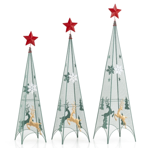 GYMAX  Set Of 3 Tower Shaped Christmas Trees 3Ft/3.5Ft/4Ft Artificial Xmas Metal