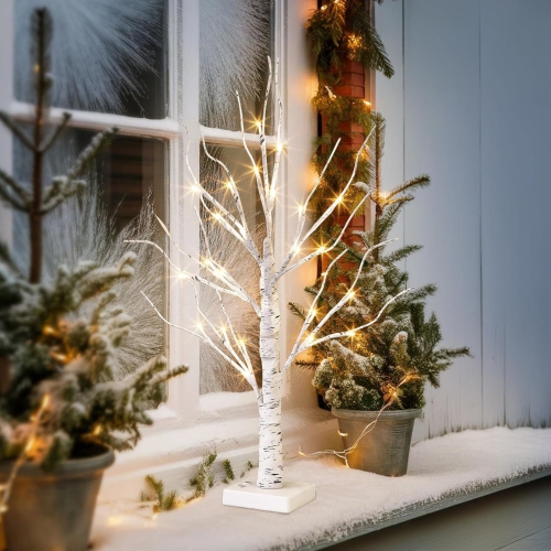 Vanthylit Lighted Birch Tree, Tabletop LED Warm White Tree Lights, Battery Powered Tabletop Tree Decorations for Home Fireplace Party Christmas