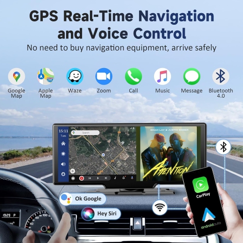Kuayvan Wireless Portable Carplay Screen for Car - 10.26 Inch Carplay & Android Auto Car Touch Screen, with 4K Dash Cam, Backup Camera, Bluetooth,