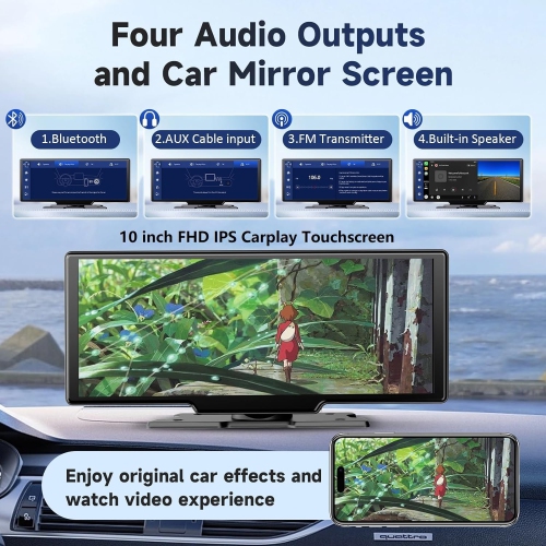 Kuayvan Wireless Portable Carplay Screen for Car - 10.26 Inch Carplay & Android Auto Car Touch Screen, with 4K Dash Cam, Backup Camera, Bluetooth,