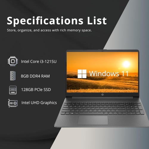 HP 15.6” FHD Laptop, Intel i3-1215U, 128GB SSD, 8GB RAM, Intel UHD Graphics, HD Webcam, Numpad, Wi-Fi 6, Bluetooth, Gray, Windows 11 by HP - Open Box condition - Image 2
