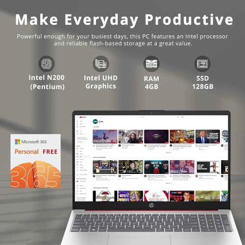 Open Box - HP 15.6" HD Business Laptop, Intel Pentium N200 Processor, 128GB SSD, 4GB RAM, Intel UHD Graphics, Numeric Keyboard, WiFi, Windows 11,