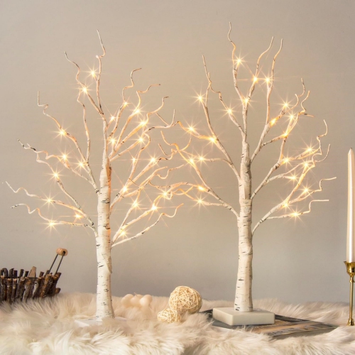 NIERBO  Vanthylit Birch Tree \w Led Lights - Set Of 2, Led Tabletop Tree \w Timer, Christmas Decorations Lighted Tree for Indoor Mantel Home Decor (2