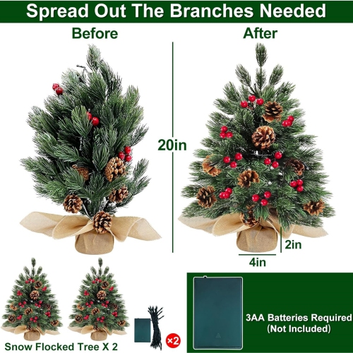 2 Pack 20 Inch Realistic-Feel PE Thick Tabletop Christmas Tree, Mini Christmas Tree with Lights Timer Battery Operated Christmas Tree Burlap Base Red