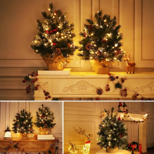 2 Pack 20 Inch Realistic-Feel PE Thick Tabletop Christmas Tree, Mini Christmas Tree with Lights Timer Battery Operated Christmas Tree Burlap Base Red