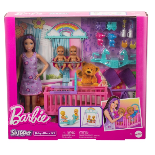 Barbie Skipper Doll & Nursery Playset with Accessories, Includes Twin Baby Dolls, 1 Crib, 1 Swing, 1 See-Saw & More