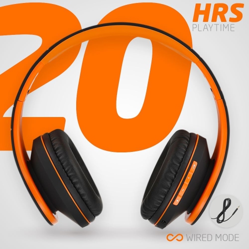 Bluetooth Over-Ear Headphones, Wireless Stereo Foldable Headphones Wireless and Wired Headsets , Micro SD/TF, FM for Phone/iPad/PC, Black/Orange