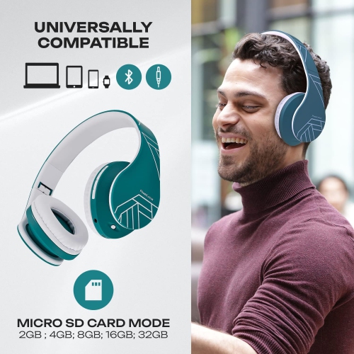 Bluetooth Over-Ear Headphones, Wireless Stereo Foldable Headphones Wireless and Wired Headsets , Micro SD/TF, FM for Phone/iPad/PC, Ocean Blue/White