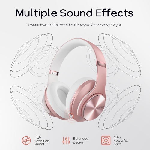 Wireless Headphones, Bluetooth Headphones with 3 EQ Modes, Hi-Fi Stereo Over Ear Headphones with Microphone for iPhone/PC,Rose Gold