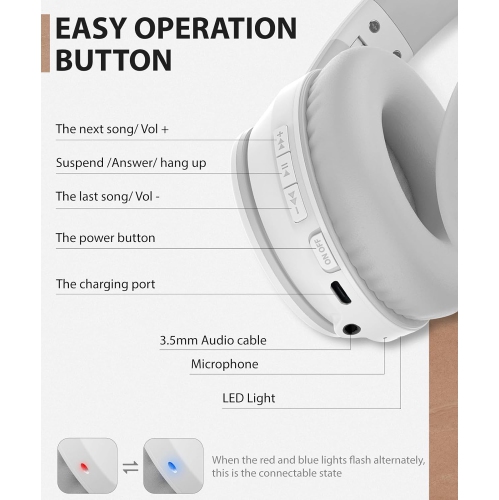 Casques d'écoute Bluetooth, écouteurs sans fil avec stéréo haute fidélité et microphone , écouteurs pliables sans fil avec fil pour
