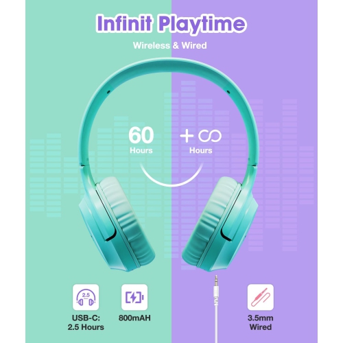 Headphones Wireless 60H, Foldable On Ear Headset Wireless Headphones, Over-Ear Headphones for Kids Adults School ,Travel, Pure Green