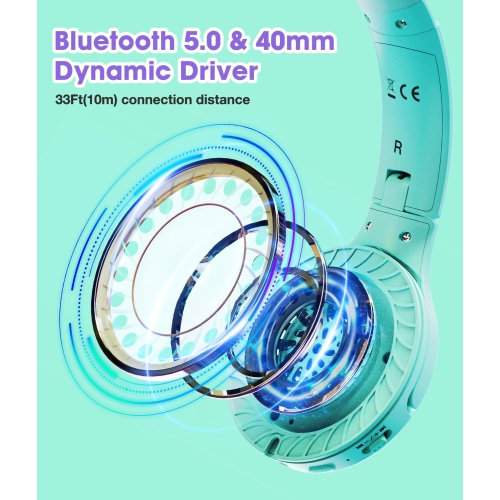 Headphones Wireless 60H, Foldable On Ear Headset Wireless Headphones, Over-Ear Headphones for Kids Adults School ,Travel, Pure Green