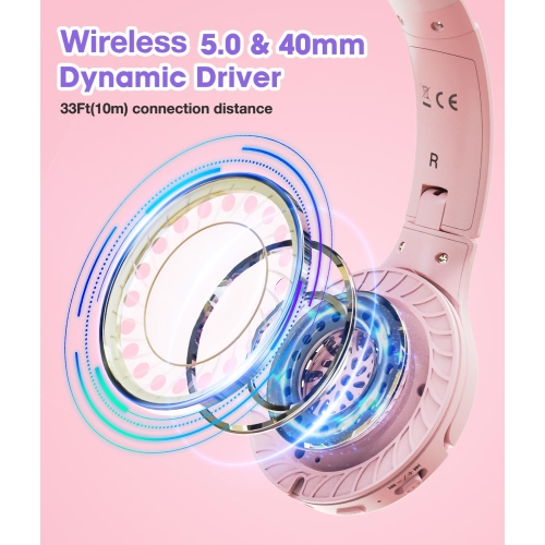 Headphones Wireless 60H, Foldable On Ear Headset Wireless Headphones, Over-Ear Headphones for Kids Adults School ,Travel, Lucky Pink