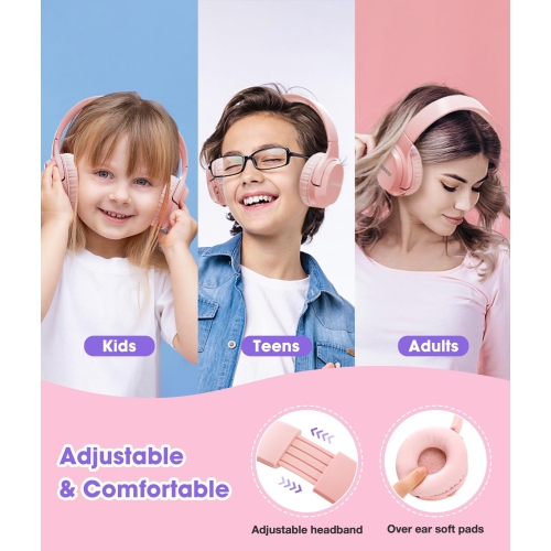 Headphones Wireless 60H, Foldable On Ear Headset Wireless Headphones, Over-Ear Headphones for Kids Adults School ,Travel, Lucky Pink