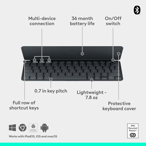 Logitech Keys-to-GO 2 Portable Wireless iPad Keyboard with Built-in Cover, Slim and Compact Bluetooth Keyboard, Easily Switch Devices - Graphite -