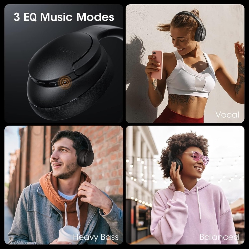 Wireless Headphones, Bluetooth Headphones and 3 EQ Modes Over Ear Headphones with Mic, HiFi Stereo Sound Foldable Wireless Headset for Phone, Black
