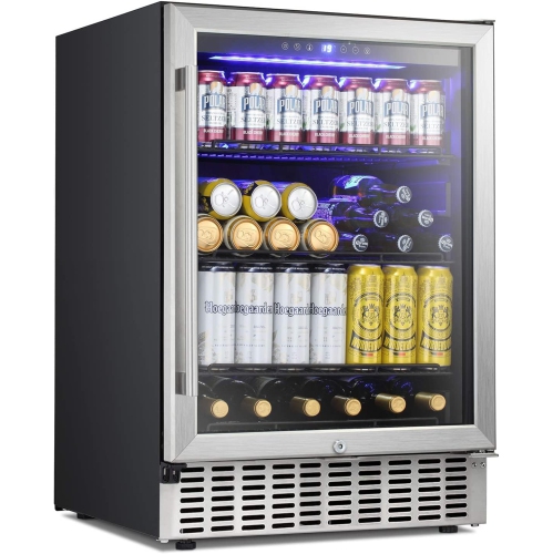 ZAFRO  24 Inch Beverage Refrigerator Under Counter Built-In Wine Cooler Mini Fridge Clear Glass Door Digital Memory Temperature Control, Beer Soda Led Light, Quiet Operation