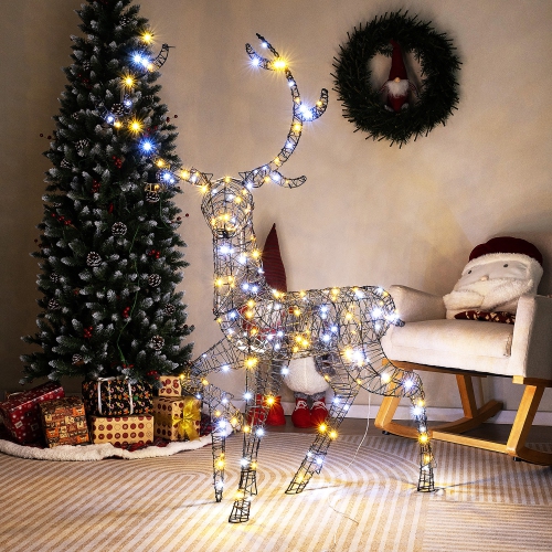 Gymax Christmas 3D Lighted Reindeer Pre-Lit Rattan Buck w/ Large Antlers & 170 LED Lights