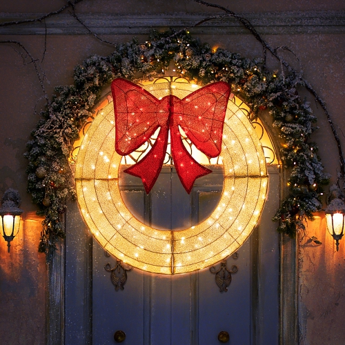 Gymax 48 Inch Lighted Christmas Mesh Wreath Pre-Lit Festive Wreath w/ 200 LED Bulbs