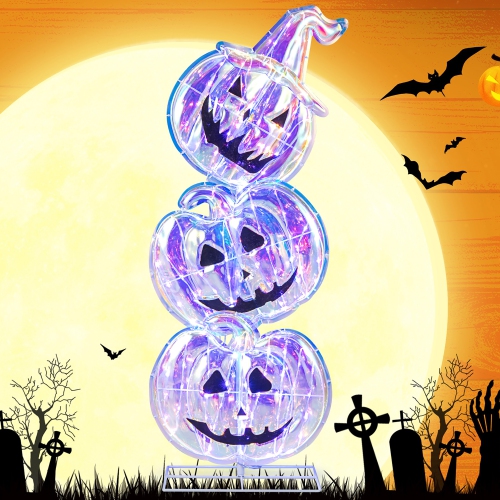 GYMAX  3.4 Ft Halloween Decorations Light Up Stacked Pumpkins Standing Prismatic Iridescent