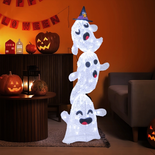 Gymax 4 Ft Halloween Decorations Outdoor Stacked Ghosts w/ Built-in LED lights