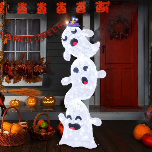 Gymax 4 Ft Halloween Decorations Outdoor Stacked Ghosts w/ Built-in LED lights