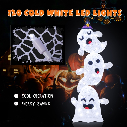 Gymax 4 Ft Halloween Decorations Outdoor Stacked Ghosts w/ Built-in LED lights