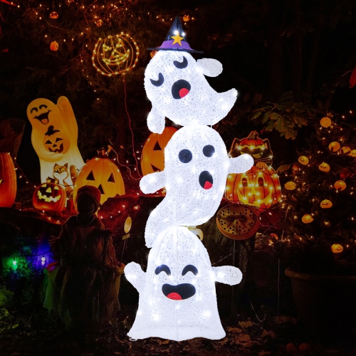 Gymax 4 Ft Halloween Decorations Outdoor Stacked Ghosts w/ Built-in LED lights