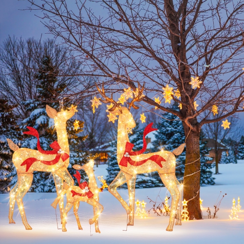 GYMAX  3 PCs Large Lighted Christmas Reindeer Family W/440 Led Lights & Bows Buck