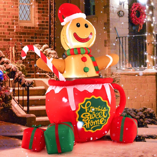 Gymax 7 Ft Christmas Inflatable Blow up Pre-Lit Gingerbread Man in Mug w/ Gift Boxes