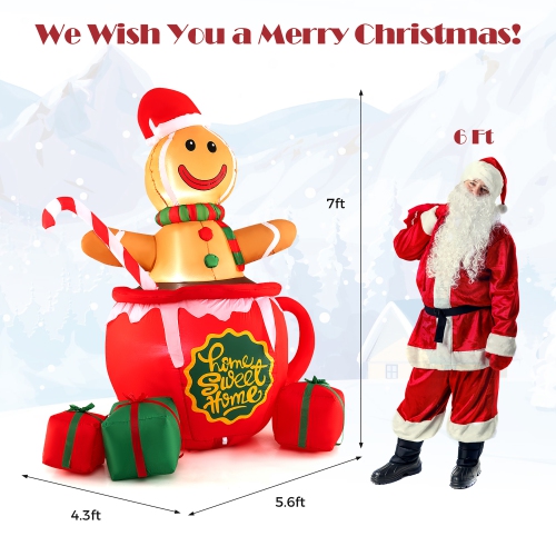 Gymax 7 Ft Christmas Inflatable Blow up Pre-Lit Gingerbread Man in Mug w/ Gift Boxes