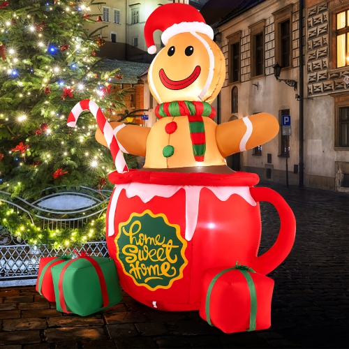 Gymax 7 Ft Christmas Inflatable Blow up Pre-Lit Gingerbread Man in Mug w/ Gift Boxes