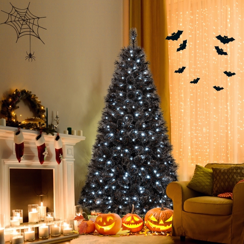 Gymax 6/7 FT Halloween Tree w/ 362/572 Branch Tips Frosted Pine Needles 210/320 W/ LED Lights