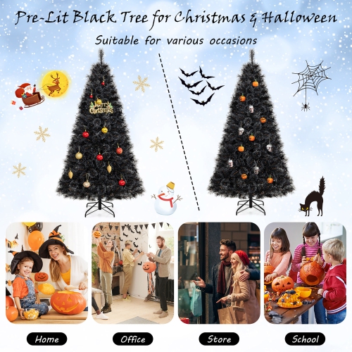 Gymax 6/7 FT Halloween Tree w/ 362/572 Branch Tips Frosted Pine Needles 210/320 W/ LED Lights