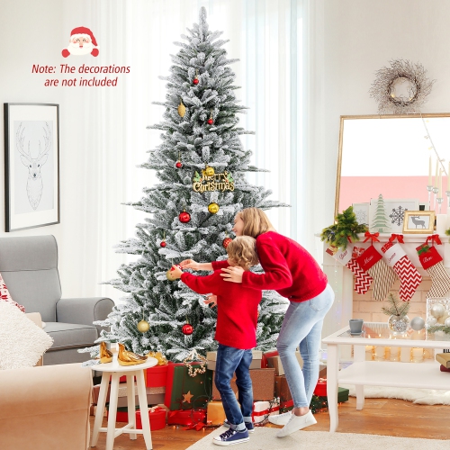 Gymax 6/7/8 FT Snow Flocked Christmas Tree w/ 661/1119/1447 PVC & PE Tips 500/620/800 LED Lights