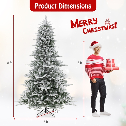 Gymax 6/7/8 FT Snow Flocked Christmas Tree w/ 661/1119/1447 PVC & PE Tips 500/620/800 LED Lights