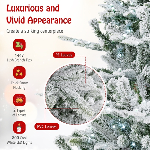 Gymax 6/7/8 FT Snow Flocked Christmas Tree w/ 661/1119/1447 PVC & PE Tips 500/620/800 LED Lights