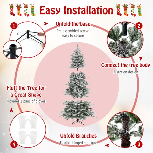 Gymax 6/7/8 FT Snow Flocked Christmas Tree w/ 661/1119/1447 PVC & PE Tips 500/620/800 LED Lights