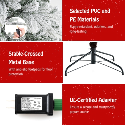 Gymax 6/7/8 FT Snow Flocked Christmas Tree w/ 661/1119/1447 PVC & PE Tips 500/620/800 LED Lights