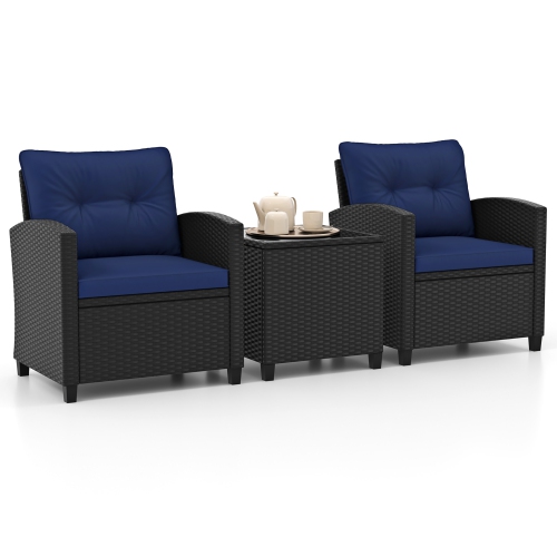 GYMAX  3 PCs Patio Furniture Set W/tempered Glass Coffee Table Washable Cushions In Navy