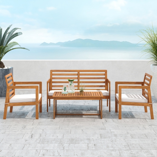Gymax 4 PCS Wood Patio Furniture Set w/ Soft Seat Cushions Solid Acacia Wood Frame
