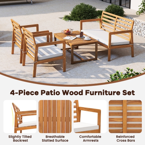 Gymax 4 PCS Wood Patio Furniture Set w/ Soft Seat Cushions Solid Acacia Wood Frame