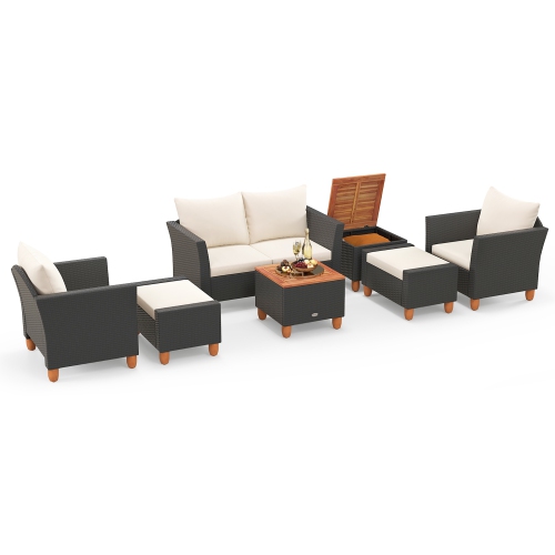 GYMAX  7 PCs Patio Furniture Set W/ Loveseat Armchairs Ottomans & Storage Table
