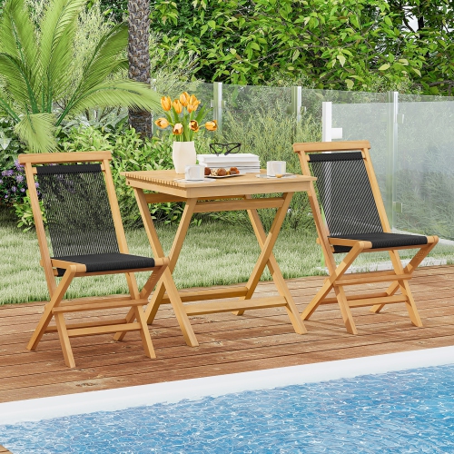 GYMAX  3-Piece Patio Bistro Set Teak Wood Square Coffee Table & Folding Chairs Set Of 2
