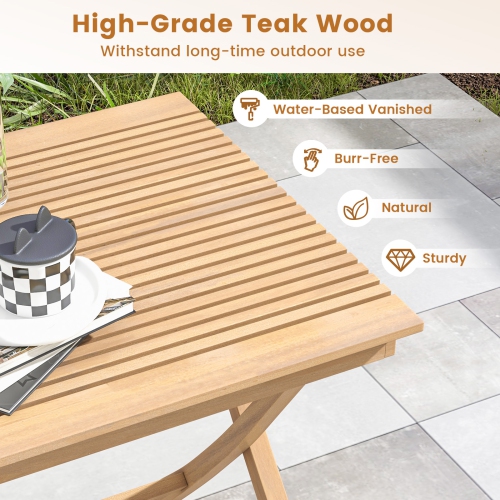 Gymax 3-Piece Patio Bistro Set Teak Wood Square Coffee Table & Folding Chairs Set of 2