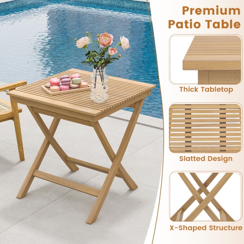 Gymax 3-Piece Patio Bistro Set Teak Wood Square Coffee Table & Folding Chairs Set of 2