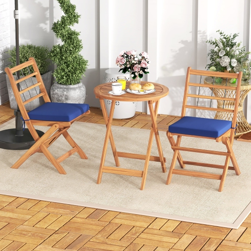 Gymax 3 PCS Acacia Wood Patio Bistro Set Folding Outdoor Table & Chairs w/ Cushions