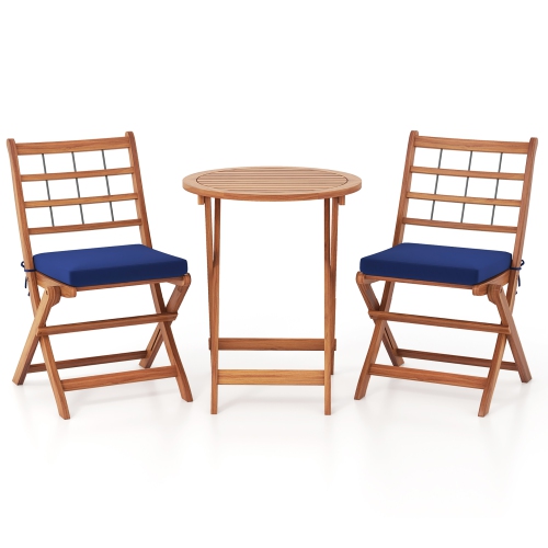 Gymax 3 PCS Acacia Wood Patio Bistro Set Folding Outdoor Table & Chairs w/ Cushions